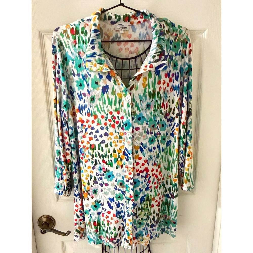 Toofan Women's XL Colorful Floral Print Button Front Tunic Blouse